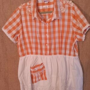 Upcycled Susan Lawrence Orange and White Checkered Blouse with Crochet Accents